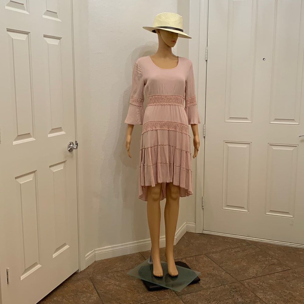 Solitaire Small Mauve Pink Scoop Neck Crotchet Lace Ruffles Bell Sleeves New